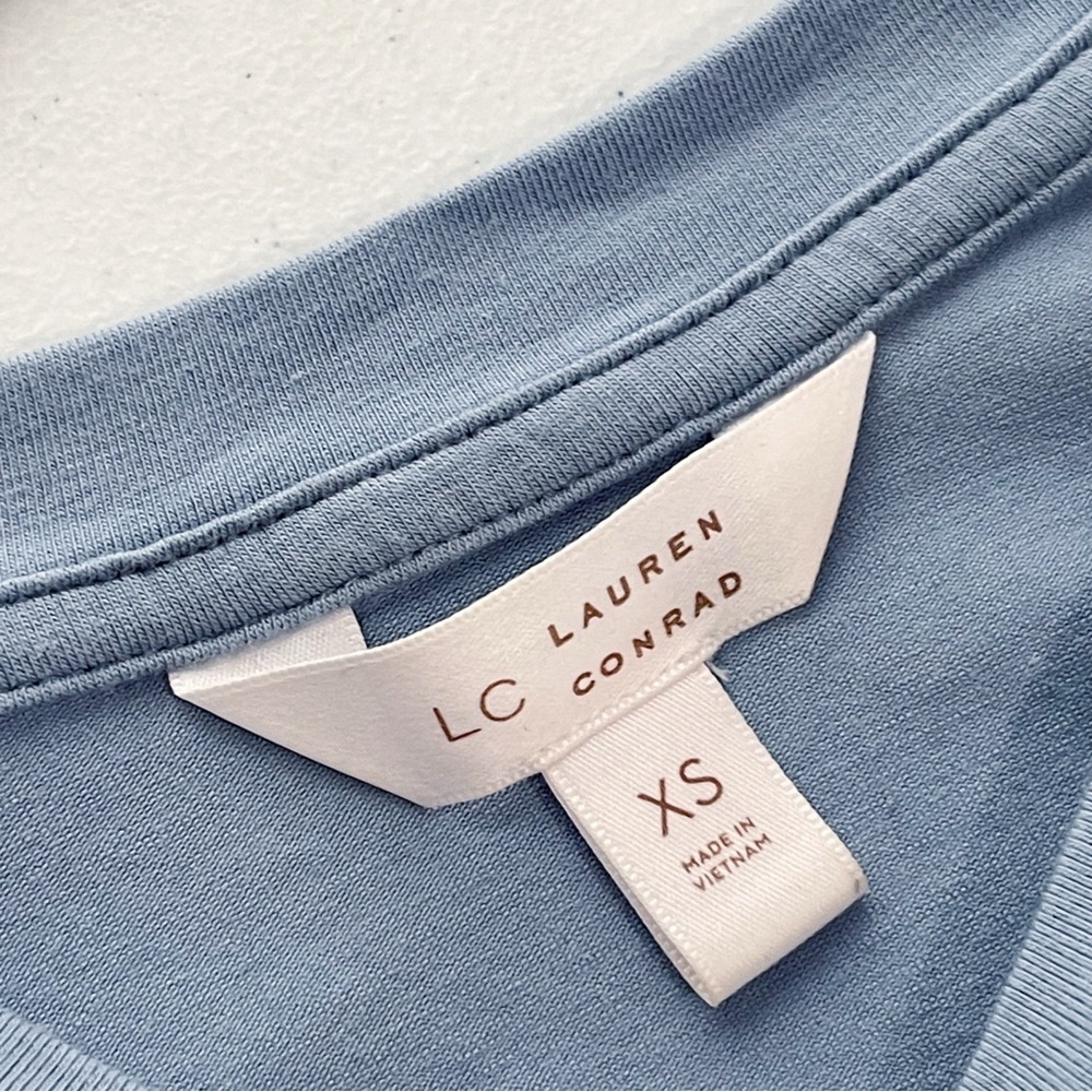 LC Lauren Conrad Smocked Long Sleeve Top Jersey Blouse Blue Ruffle Sleeve Sz XS - Picture 5 of 6